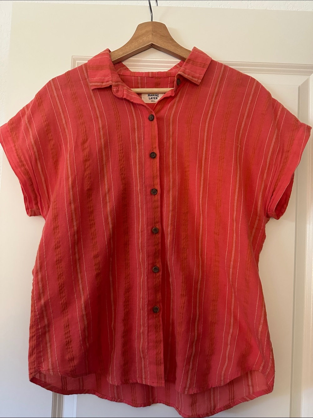 Marine Layer Stripe-Detail Coral Button Down Shirt